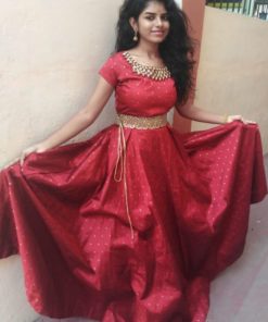 Red soft silk banarasi full flaired long frock